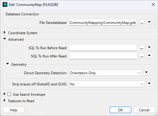 Esri file geodatabase reader parameters